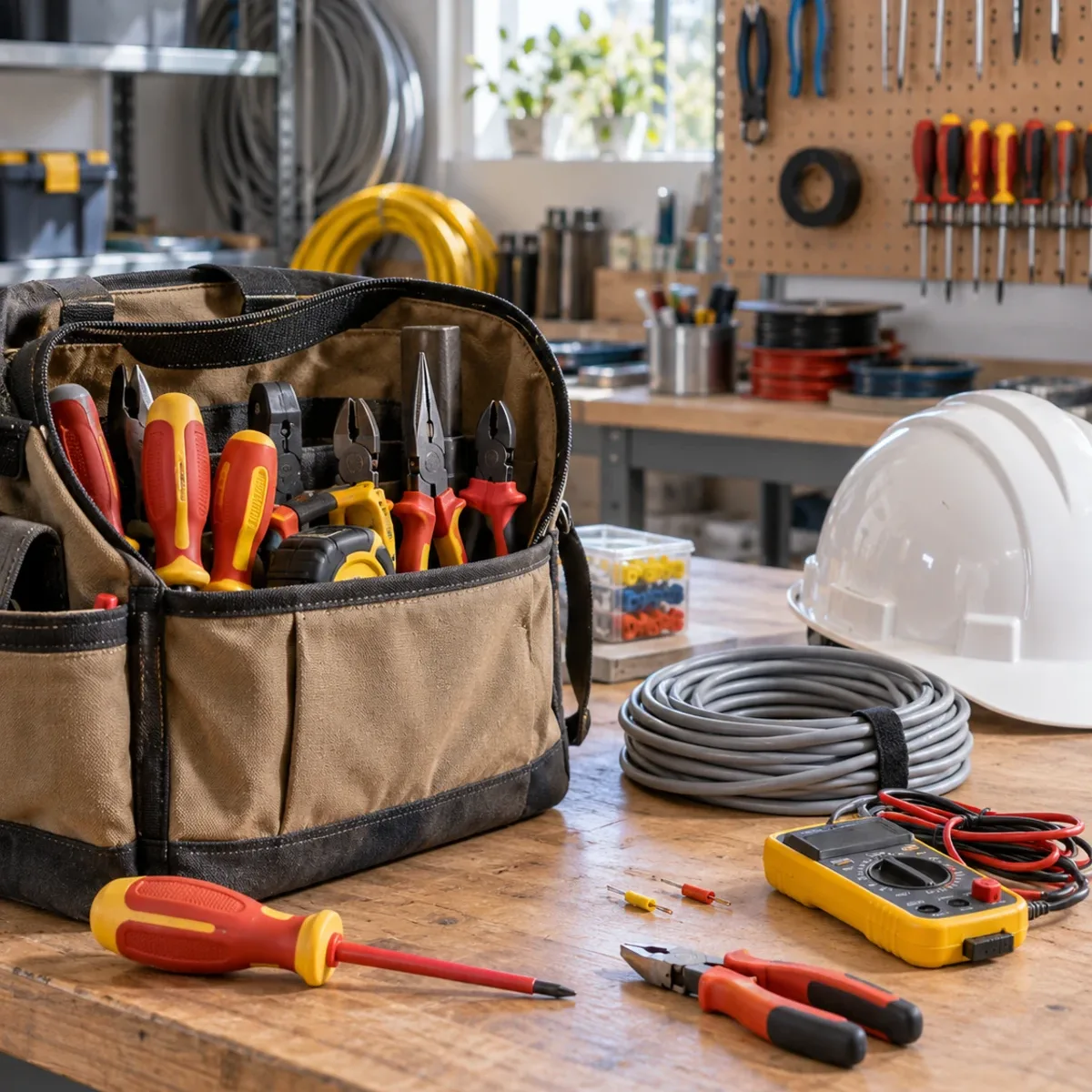 Illustrative electrical workbench with organized hand tools and a test meter.
