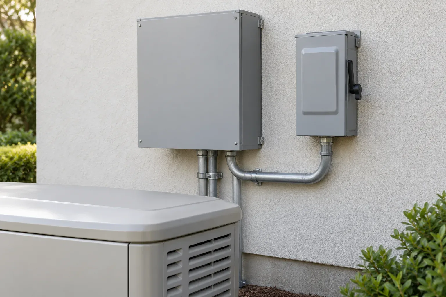 Illustrative residential backup generator and closed electrical transfer equipment.