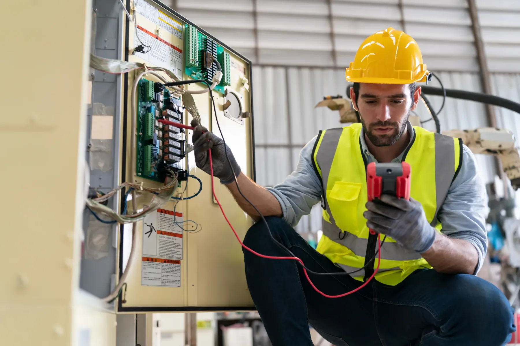 Technician testing commercial electrical control equipment.